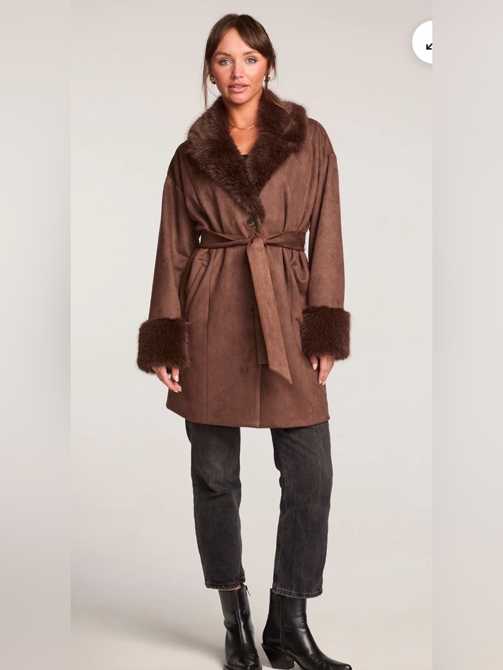 Sabyle Brown Faux-Suede Coat with Faux-Fur Collar & Cuffs small